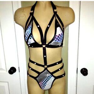 OOAK sexy studded blue/black harness exotic dancer, rave,clubwear